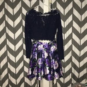 2 Piece dark blue lace and floral prom dress